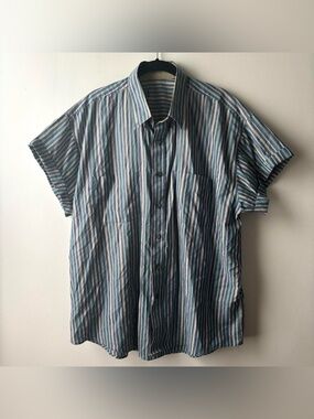 Tan, blue, and green vertical striped short sleeve button up shirt